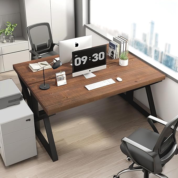 IBF Natural Real Wood Desk, Minimalist 47” Solid Wood Computer Desk, Rustic Desk for Home Office Writing Study, Vintage Industrial Wooden PC Gaming Workstation Computer Table, Brown, 47 Inch