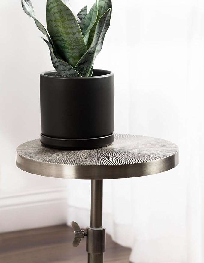 Kate and Laurel Engles Traditional Adjustable-Height Pedestal Drink Table; 10 x 10 x 30; Antique Silver; Vintage Round Indoor Metal Plant Stand with Embossed Sunburst Pattern