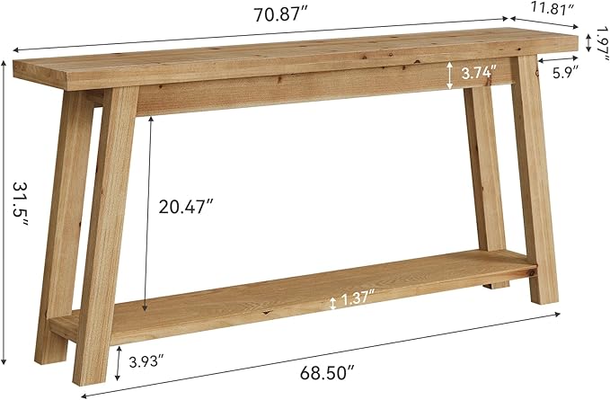 LITTLE TREE 70.9" Solid Wood Console Table for Entryway, 2-Tier Sofa Table Behind Couch, Farmhouse Entryway Table for Living Room, Bedroom, Foyer