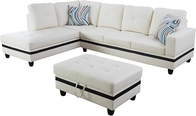 NicBex Sectional Couch 3 Pieces Sofa Set with Right Chaise PU Synthetic Leather L Shaped Cloud Couch for Living Room Furniture Sets with Storage Ottoman, Modular Sofa for Apartment, White+Black