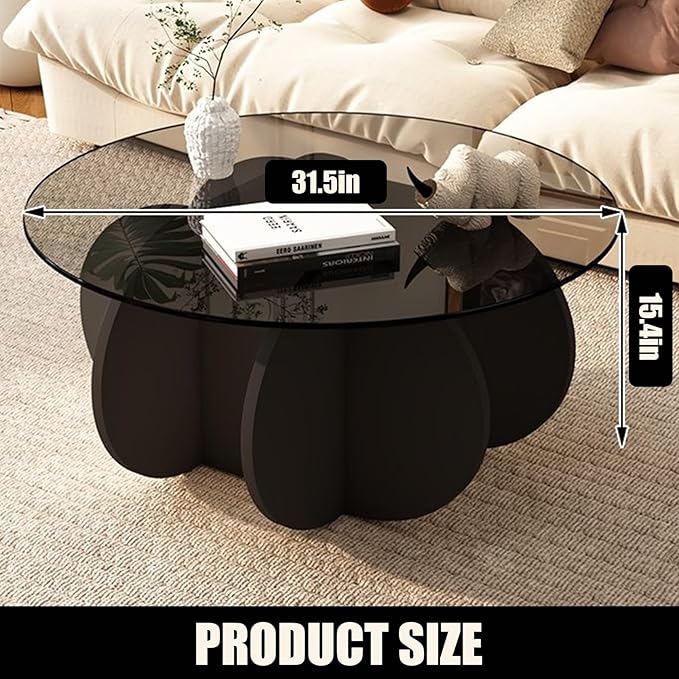 Black Coffee Table, 31.5" Round Glass Coffee Table for Living Room Mid Century Modern Coffee Table Unique Circle Center Table with Wood Base