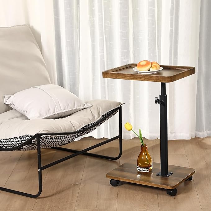 Adjustable Height Couch Tables That Slide Under Sofa, 360° Swivel Modern Tv Tray Table with Wheel, C Shaped End Table for Couch, C Table for Small Place, Perfect for Livingroom, Bedroom