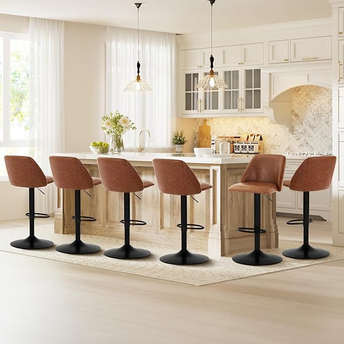 COLAMY Bar Stools Set of 2, Modern Swivel Bar Chairs, Adjustable PU Leather Upholstered Barstools Counter Height with Full Backrest for Bar, Dining Room, Kitchen Island, Brown