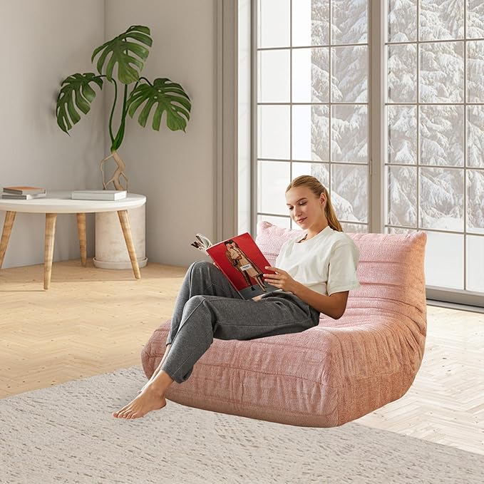 Bean Bag Chair - Memory Foam Bean Bag Chair for Adults, Comfy High-Resilience Single Sofa, Small Space Floor Chair, Chaise Lounge for Living Room, Bedroom (Pink, Wrinkles)