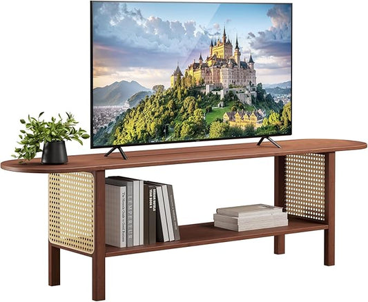 HollyHOME Bamboo TV Stand with Storage for TVs up to 65", Modern Entertainment Center with Rattan Side, Accent TV Table with 2 Shelf, Media Console TV Stand for Living Room, Bedroom, Walnut