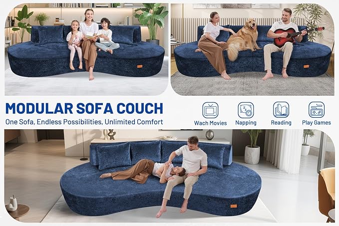 Homguava 104'' Modular Sectional Sofa,Curved Modern Sofa with Memory Foam,Deep Seat Cloud Couch with 4 Pillows,Upholstered Oversized Couches for Living Room Apartment Office,No Assembly Required, Blue