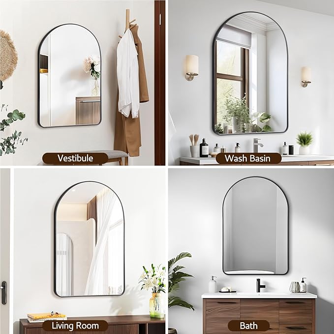 Arched Wall Mirror 24"X36", Black Bathroom Vanity Mirrors for Over Sink, Modern Farmhouse Mirror Wall Mounted, Curved Arch Design for Bedroom, Living Room & Home Decor