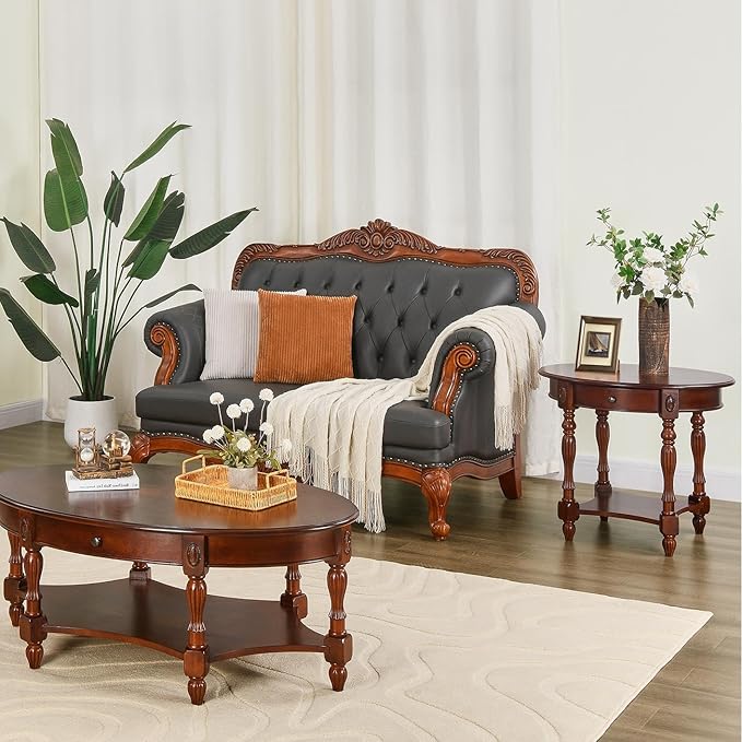 LEEMTORIG Oval Round End Table, 2-Tier Cherry Wood End Table Solid Wood Side Table with Drawer, Victorian Vintage Nightstand for Bedroom Living Room, 28"W x 22"D x 24.2"H, Cherry Walnut CJZ-1533-WD-DR