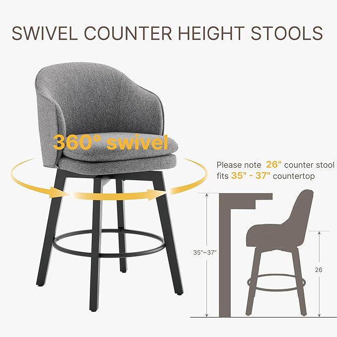 Counter Height Barstools 26 inch Upholstered Swivel Bar Stools with Back and Wood Legs for Kitchen Island,Set of 3,Dark Grey Fabric