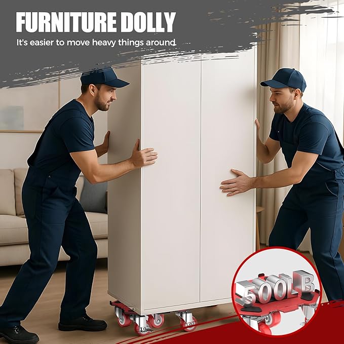 Upgraded Furniture Dolly Movers 5 Wheel Heavy Duty 3000LBS Capacity Carbon Steel Panel 360° Rotating Casters Furniture Slider for Sofa Refrigerator Piano (Red, 6in)