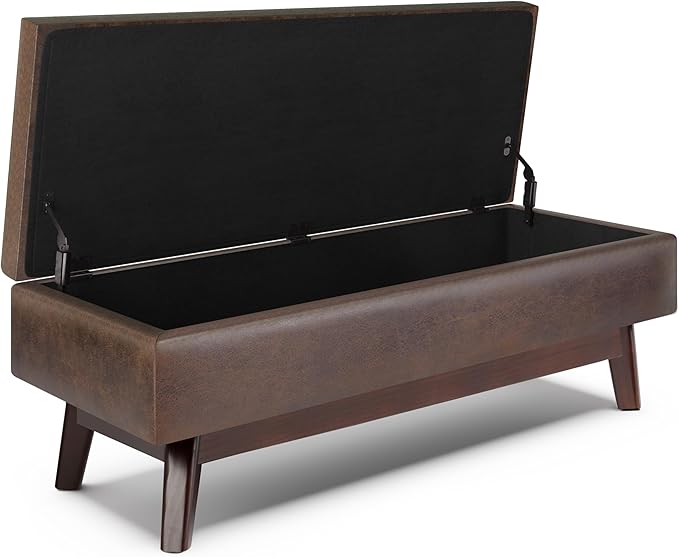 SIMPLIHOME Owen 48 inch Wide Mid Century Modern Rectangle Rectangular Storage Ottoman in Distressed Chestnut Brown Vegan Faux Leather, Assembled, For the Living Room, Entryway and Family Room