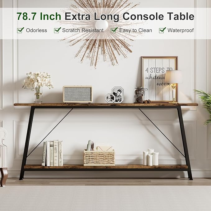 IBUYKE 78.7 Inches Extra Long Sofa Table Behind Couch, Industrial 2-Layer Console Table for Hallway, Entryway & Living Room,Rustic Brown UTMJ063H