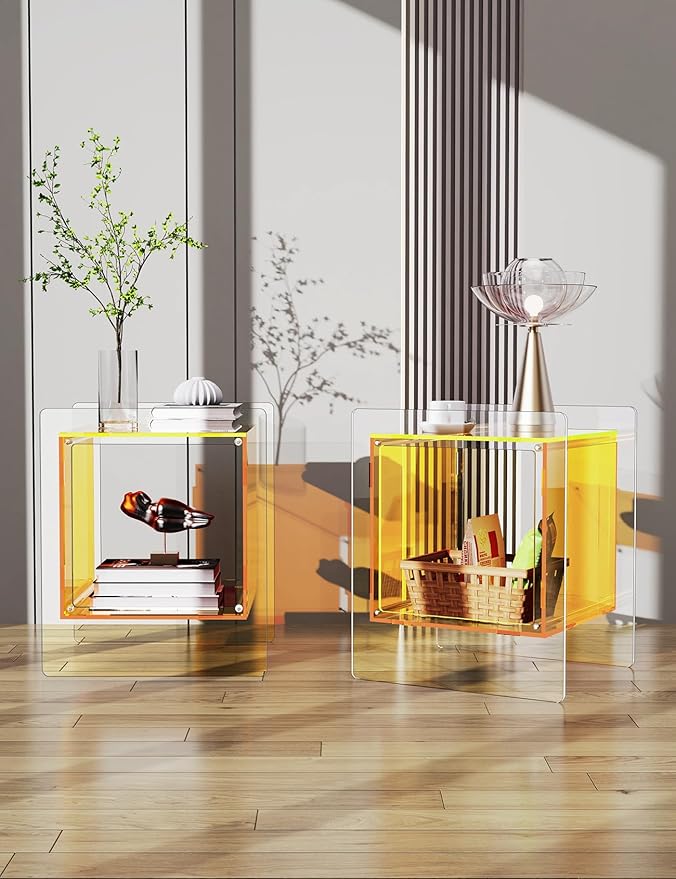 Acrylic Nightstand Colorful Bedside Table with Open Storage Shelf,Clear Side Table for Living Room (1, Yellow)