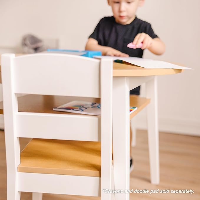 Melissa & Doug Wooden Round Table and 2 Chairs Set – Kids Furniture for Playroom, Light Woodgrain and White 2-Tone Finish Two-Tone Round Wooden Toddler And Kids Table And Chairs Activity Furniture Set