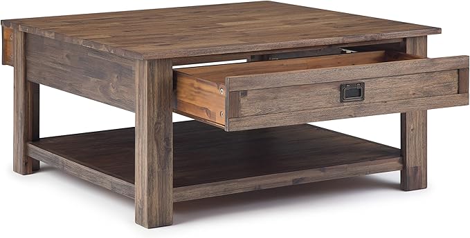 SIMPLIHOME Monroe Square Coffee Table - 38 inch Wide Solid Acacia Wood Living Room Table in Rustic Natural Aged Brown, Rustic Cocktail Table for Family Room or Lounge with 2 Drawers and Open Shelf
