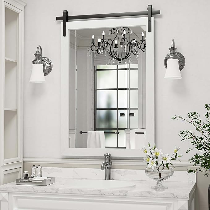 Farmhouse Bathroom Mirror, White Rustic Square Mirror for Wall Wood Framed Vanity Mirrors, Barn Door Style Decor Living Room Entryway Bedroom Mirrors, 24x36INCH (Hanging/Leaning)