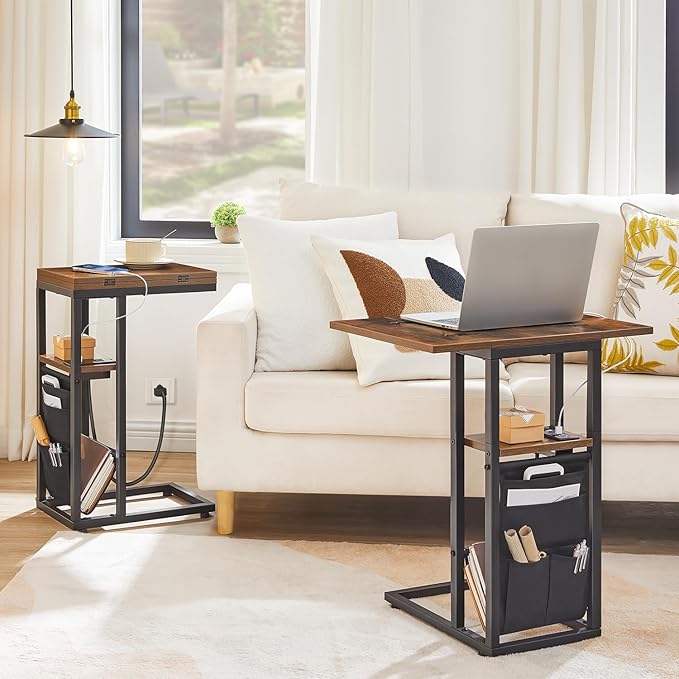 HOOBRO Foldable End Table with Charging Station, C Shaped Side Table with Storage Bag, Slide Under Sofa Couch Table for Small Spaces in Living Room, Bedroom, Easy Assembly, Rustic Brown BF101USF01
