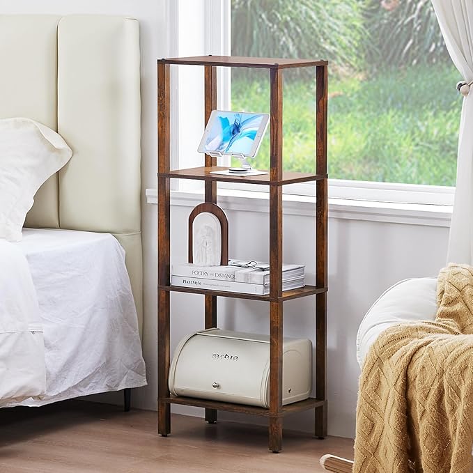 4 Tier Tall Wooden Bookshelf with Storage - Small Bookcase for Small Spaces, Shelf for Living Room, Office, Bedroom, Kitchen - Industrial Retro Brown Book Shelf