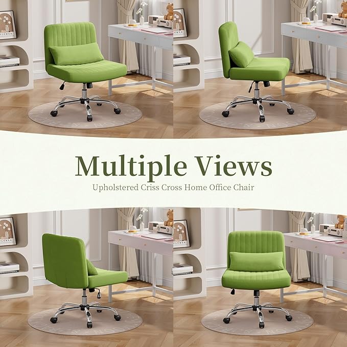 Warmiehomy Criss Cross Office Chair with Wheels, Velvet Cross-Legged Desk Chairs for Home, Height Adjustable Swivel Wide Seat Computer Chair, Morden Vanity Chair for Women, Light Green