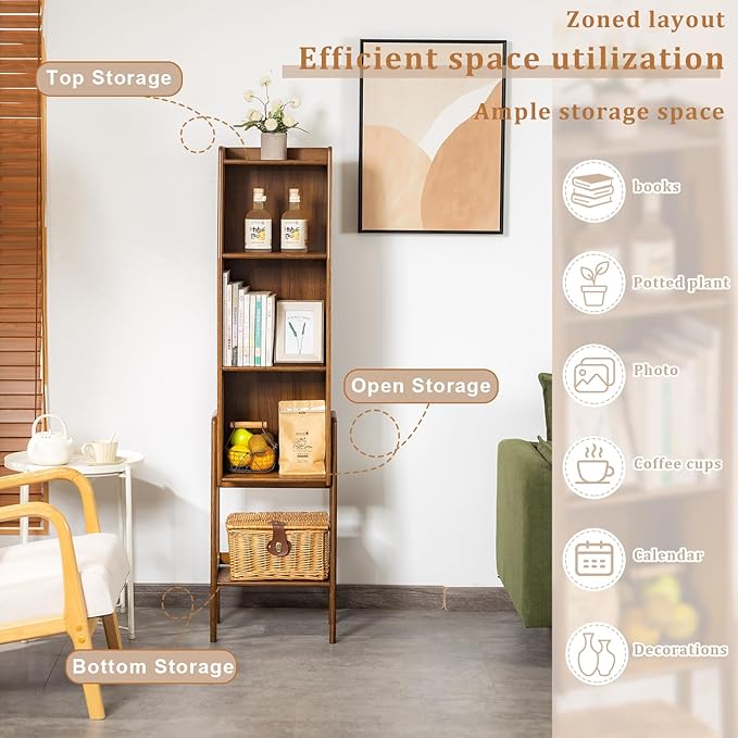 4-Tier Bamboo Bookshelf - Wood Bookcase Organizer with Open Shelves for Living Room & Home Office-Walnut Large