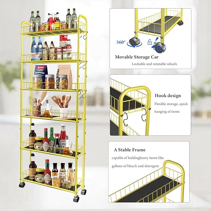 6-Tier Slim Storage Cart with Wheels,6in Narrow Rolling Shelf,Sturdy Slim Storage Ideal for Kitchen, Bathroom, and Laundry Room, Yellow