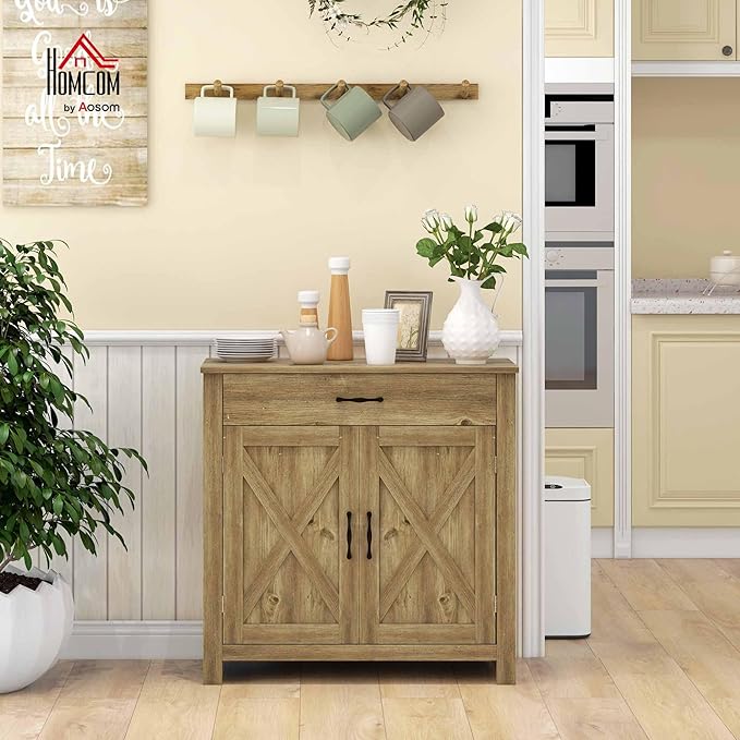 HOMCOM Farmhouse Sideboard Buffet Cabinet, Barn Door Coffee Bar Cabinet with Drawer and Adjustable Shelf, for Living Room, Entryway, Natural Wood