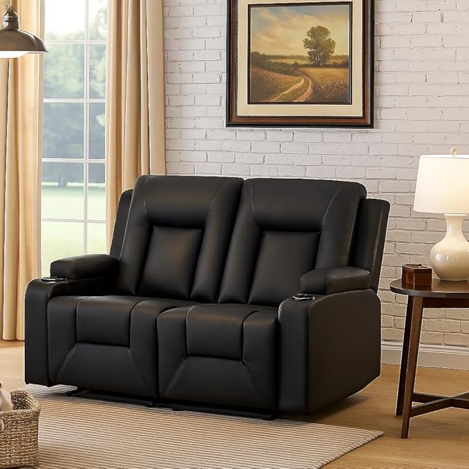 LUCKLIFE Leather Recliner Sofa Set with Manual Recliners,Living Room Furniture Set with Reclining Couch,Loveseat and Armchair,Living Room Chair with Cup Holders,Black (2)