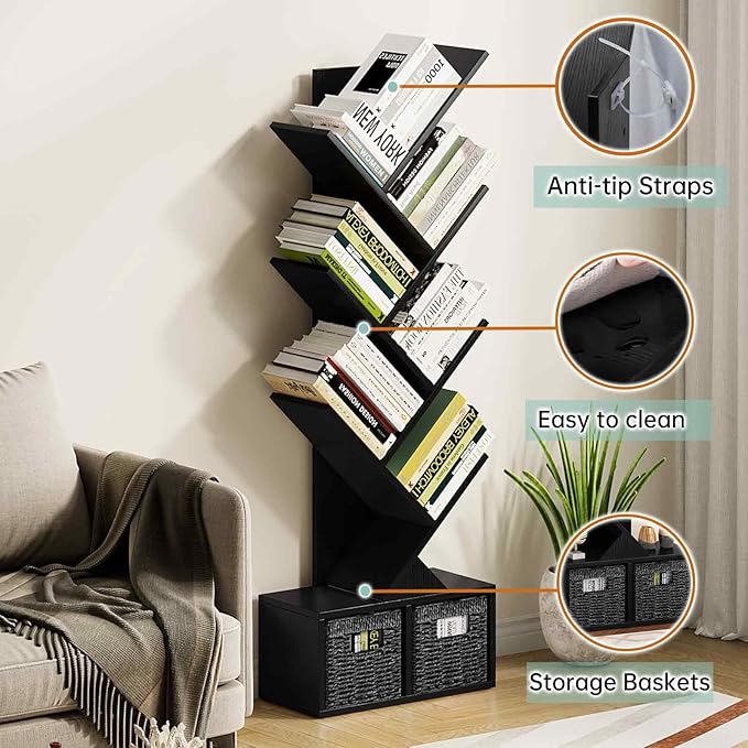 Vagusicc Tree Bookshelf, 6 Tier Bookshelf with Storage, Tall Narrow Bookcase, Rustic Wood Book Storage Rack for CDs/Books, Small Book Organizer Shelves for Bedroom, Living Room, Home Office, Black