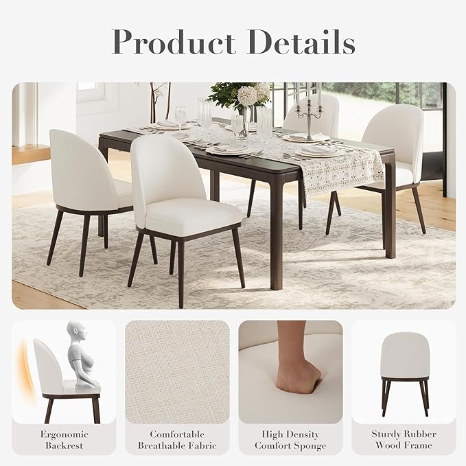 COLAMY Upholstered Dining Chairs Set of 2, Large Dining Room Kitchen Chairs with High Back and Deep Seat, Modern Fabric Dinner Chairs with Wood Legs, Beige
