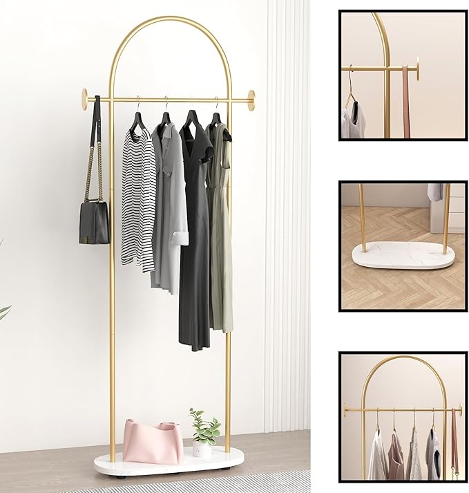 Gold Clothing Rack, Modern Clothes Rack with Shelf, Heavy Duty Freestanding Coat Rack, Metal Coat Hanger Stand with Hooks for Boutique Office
