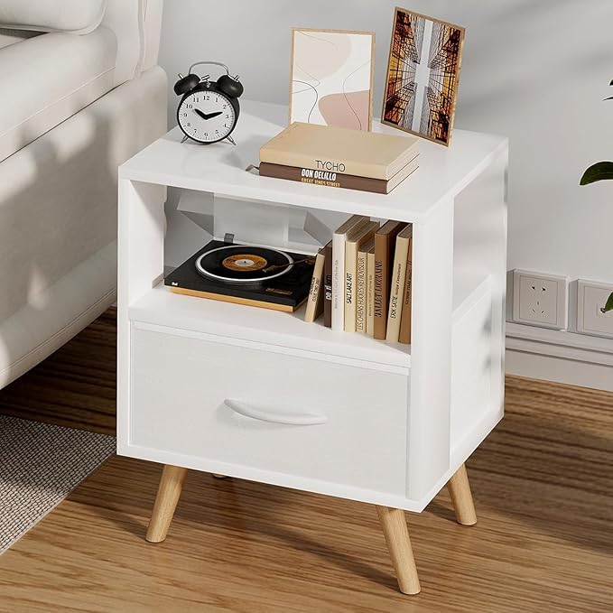 Night Stand, White Kids Nightstand with Drawer, Nursery Side Table with Open Storage, 2-Tier Modern End Table, Bedside Table for Small Space, Living Room, Bedroom
