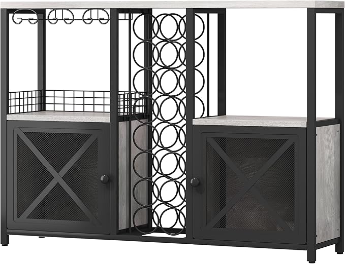 Homeiju Mini Bars for Home, Wooden Coffee Bar Cabinet, Modern Liquor Cabinet for Liquor and Glasses, Farmhouse Buffet Wine Bar Cabinet with Storage Sideboard for Home Kitchen Dining Room (Light Grey)