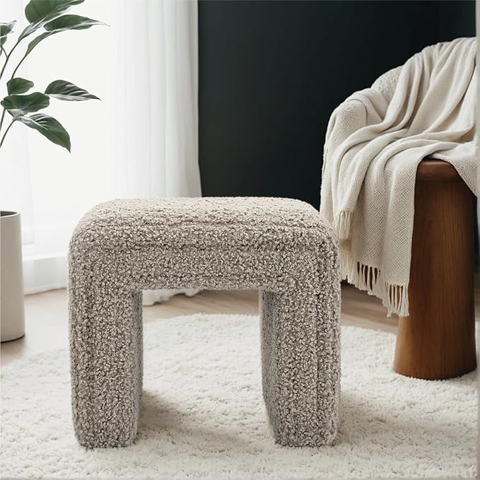 Get Set Style Vanity Stool Chair,Modern Wool Ottoman Foot Stool with Wooden Legs for Sofa Ottoman Bench Footstool Extra Seat for Vanity,Makeup Room,Living Room,Entryway(Fully Assembled)