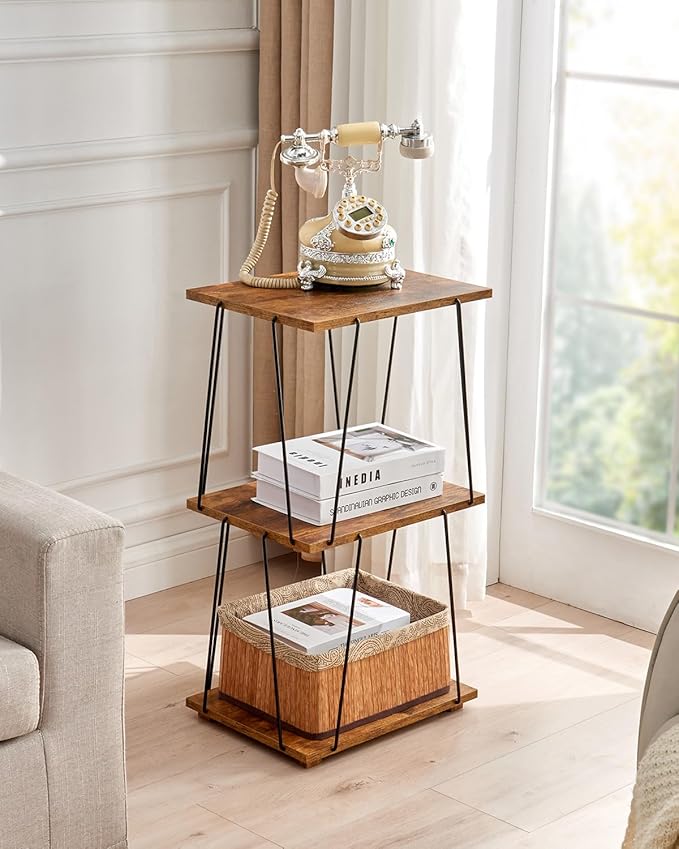 Side Table Set of 2, Tall End Table, Small Accent Table, Bedside Table for Living Room, Bedroom, Rustic Brown & Black