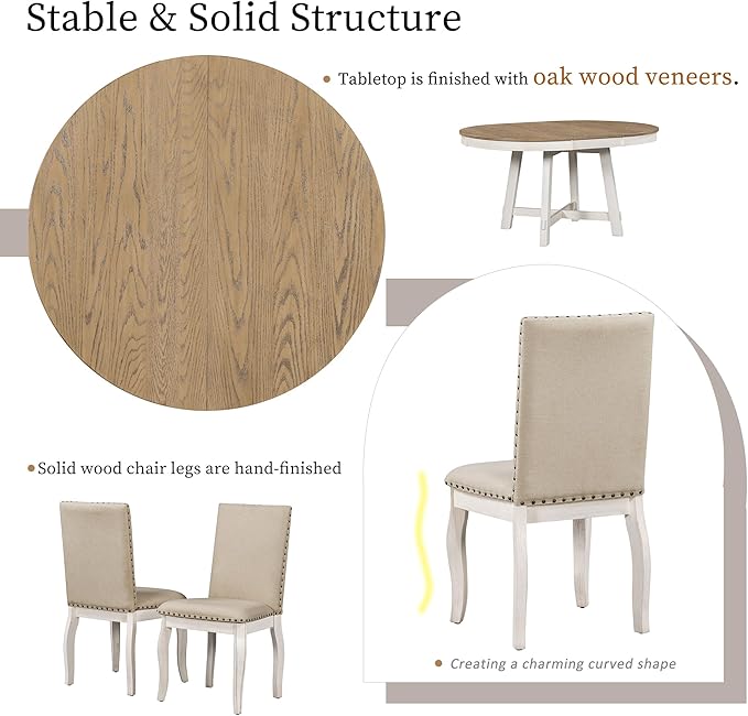 5 Pieces Dining Table Set with 43" Round Extendable Desk,Living Room Furniture W/ 4 Upholstered Curved Legs Chairs,for Restaurant,Home Bistro,Oak Natural Wood+Antique White