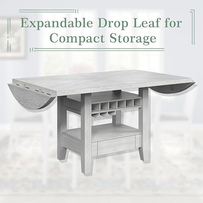 Solid Wood Dining Table Set for 6, Modern Breakfast Dinette Expandable Drop Leaf Kitchen Table with Chairs for Dining Room, Kitchen, Grey
