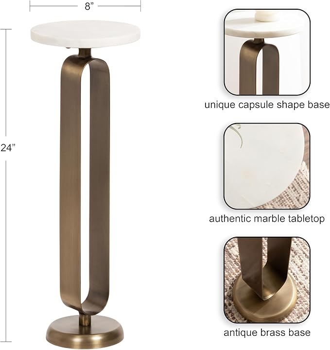 Kate and Laurel Helio Modern Round Marble Drink Table, 8 x 8 x 24, White and Antique Brass, Natural Marble Martini Table for Use as Small Plant Stand or Mini Nightstand