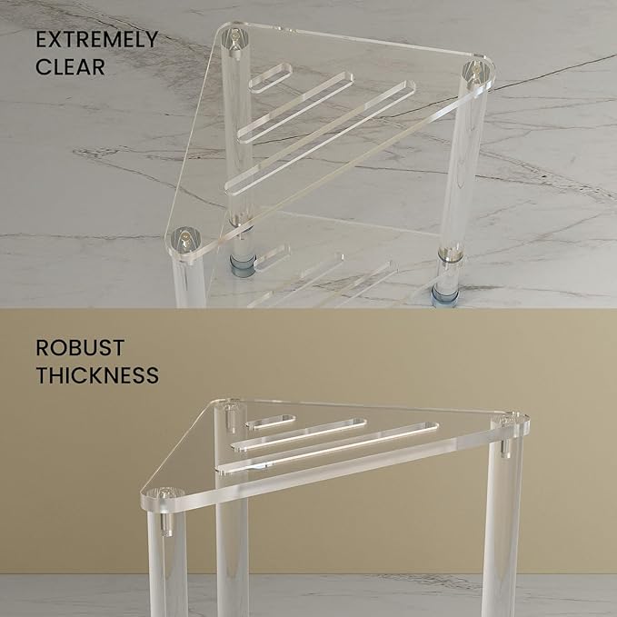 Acrylic Corner Shower Stool for Shaving Legs 11.42" D X 11.42" W X 17.91" H, Triangle Foot Rest With Storage Shelf, Heavy Duty, for Inside Shower