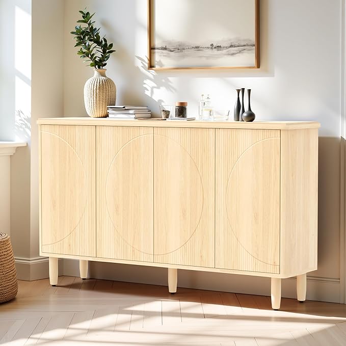 59.4" Sideboard Buffet Cabinet with Storage, Kitchen Buffet Storage Cabinet with Doors & Shelves, Modern Sideboard for Living Room, Kitchen, Hallway, Light Walnut