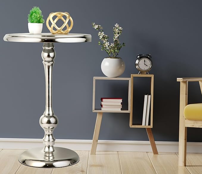 CLEENTABLE Pedestal Round Side Table- Lightweight Metal Table for Farmhouse,Indoor/Outdoor Nightstand for Living Room, Bedroom, Corners, Office - Modern Design, Easy Assembly 21" (Silver)