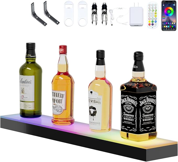 Dethan 1 Tier 24 Inch LED Lighted Liquor Bottle Display Shelf - Wine Racks with Multi-Color App & Wireless Remote Control, Adjustable Brightness & Sound Modes, Acrylic Bar Shelves for Home Bar Display