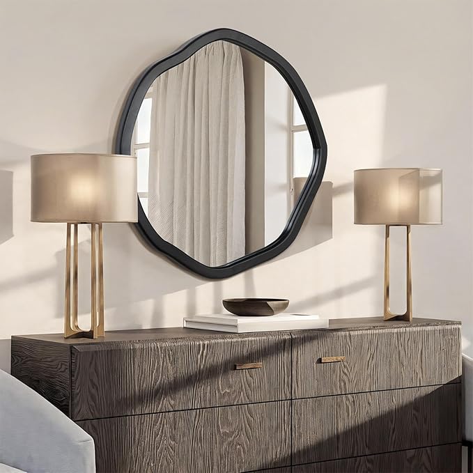 ULIKE Round Wood Mirror, 30 Inch Black Asymmetrical Circle Vanity Mirror with Wood Frame, Modern Decorative Wall Mount for Bathroom Bedroom Living Room Entryway