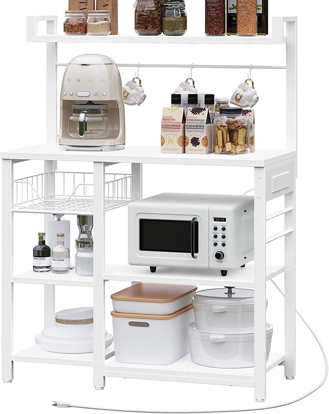HOOBRO Bakers Rack with Power Outlet, 35.4 Inches Coffee Bar with Mesh Basket, Microwave Stand with 4 S-Shaped Hooks, Kitchen Bakers Rack with Storage, Easy to Assemble, White WT05HB01