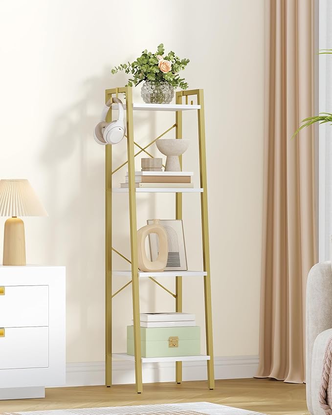 Ladder Shelf, Bookshelf Bookcase, Freestanding Corner Storage Shelve with 2 Hooks for Home Office, Living Room, Kitchen, Bedroom, Industrial, 4-Tier White Gold BC13213G
