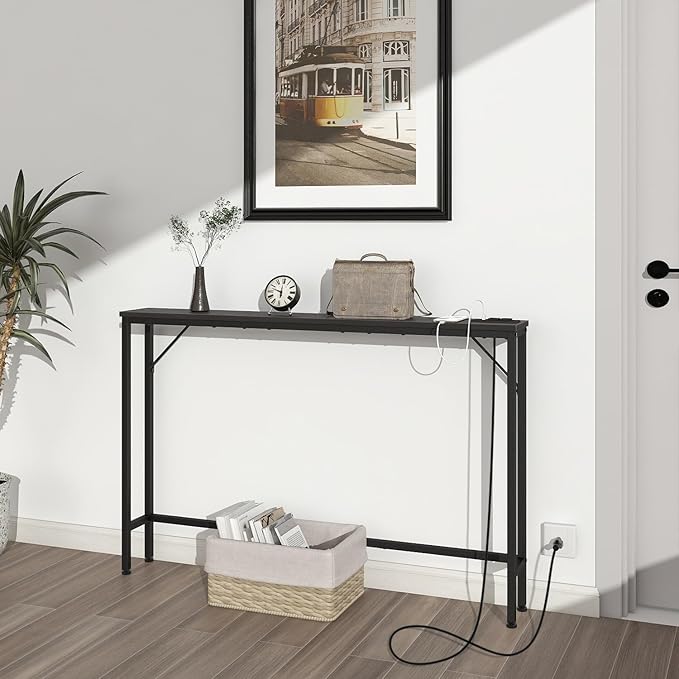 Tohomeor 5.9" Skinny Behind Sofa Console Table with Charging Station Charcoal Black 47.2" Narrow Long Behind Couch Table with Power Outlets USB Ports Thin Entry Table for Entryway Living Room Hallway