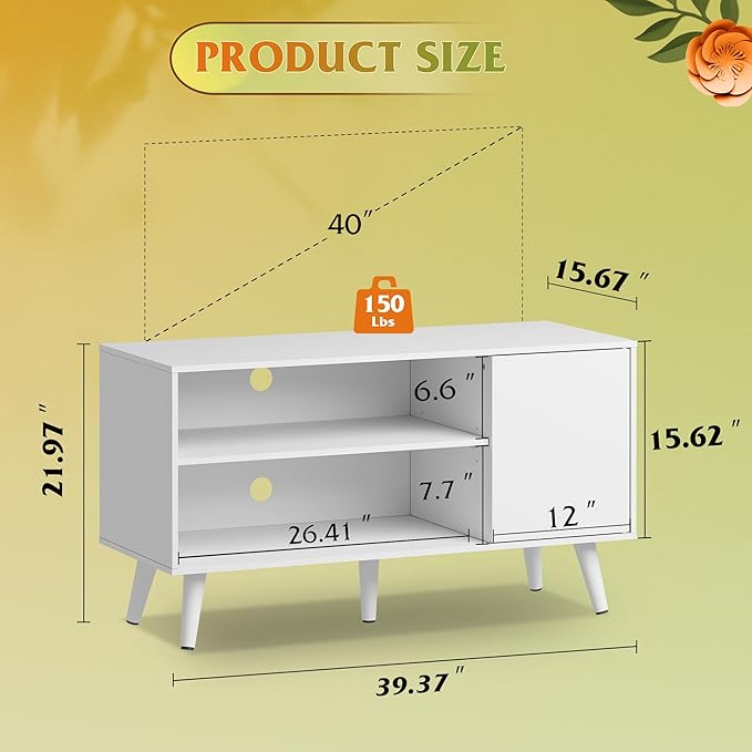 WLIVE TV Stand for 43 Inch TV, Small Entertainment Center with Storage Cabinet & Adjustable Shelves, Mid-Century Modern TV Stands for Living Room and Bedroom, TV Console Suit 32 Inch TV, White