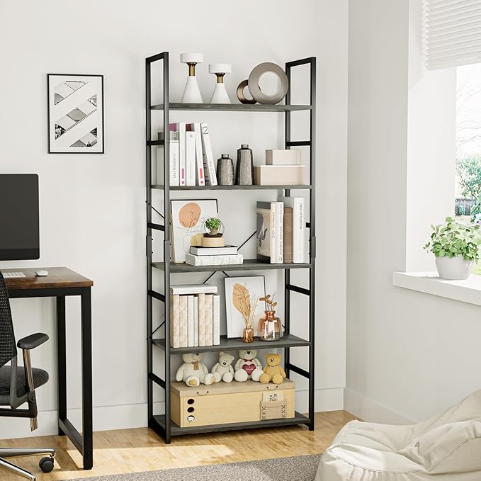 OTK 5 Tier Bookshelf, Tall Bookcase, Office Shelf Storage Organizer, Modern Book Shelf for Living Room, Bedroom, and Home Office, Dark Grey
