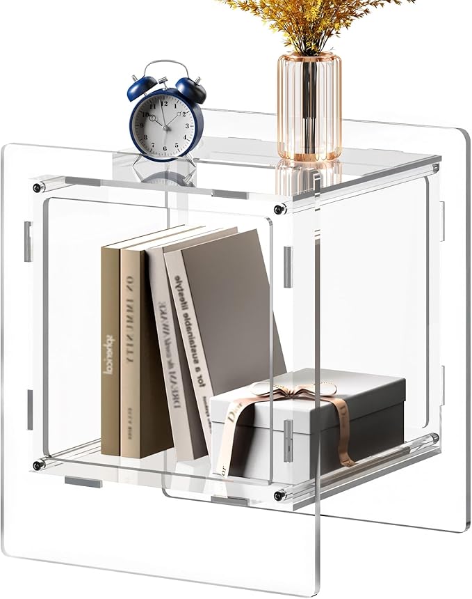 Acrylic End Table, Side Table Nightstand with Open Storage Shelf, 2-Tier Bedside Table Home Decor Display for Bedroom, Living Room, Office (1, Clear)