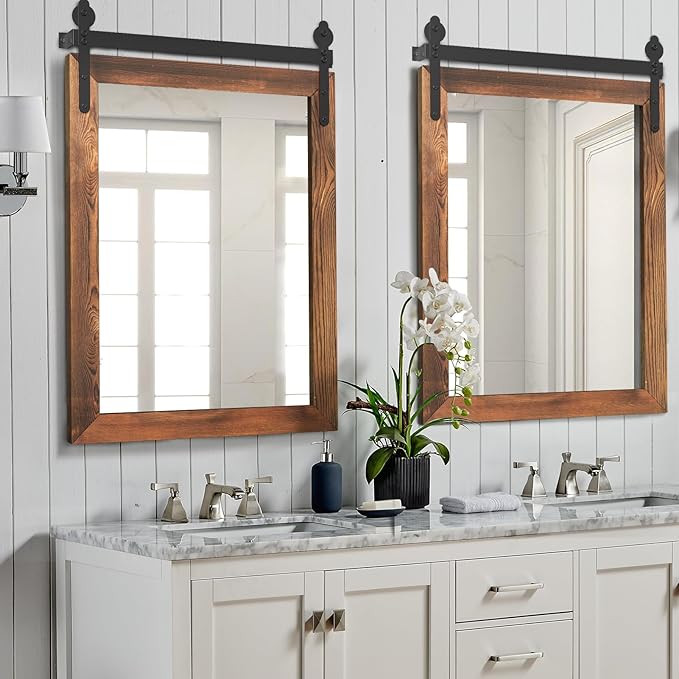 YOSHOOT Farmhouse Barn Door Mirror, 32"x24" Rustic Wood Framed Wall Mirror, Wall Mounted Vintage Mirror, Wooden Farmhouse Style for Bathroom Living Room Entryway, Brown, Vertical Hanging ONLY