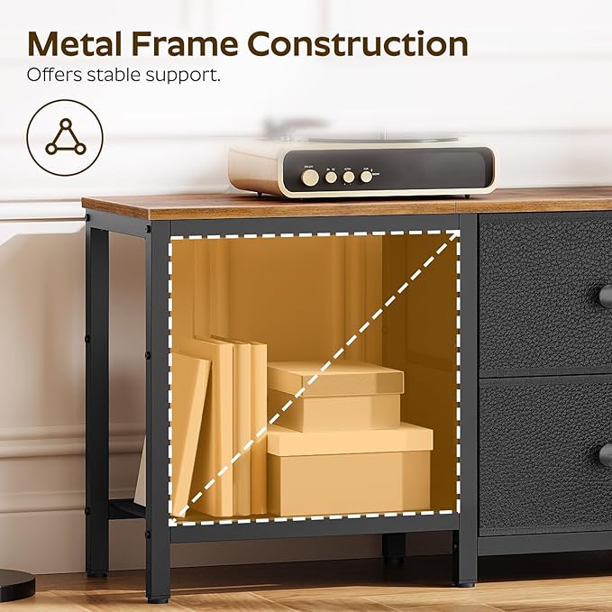 TV Stand for TVs up to 55", Entertainment Center with 2 Fabric Drawer, Media Console with Shelves, Television Stands for Living Room, Bedroom, Rustic Brown and Black DS02BR
